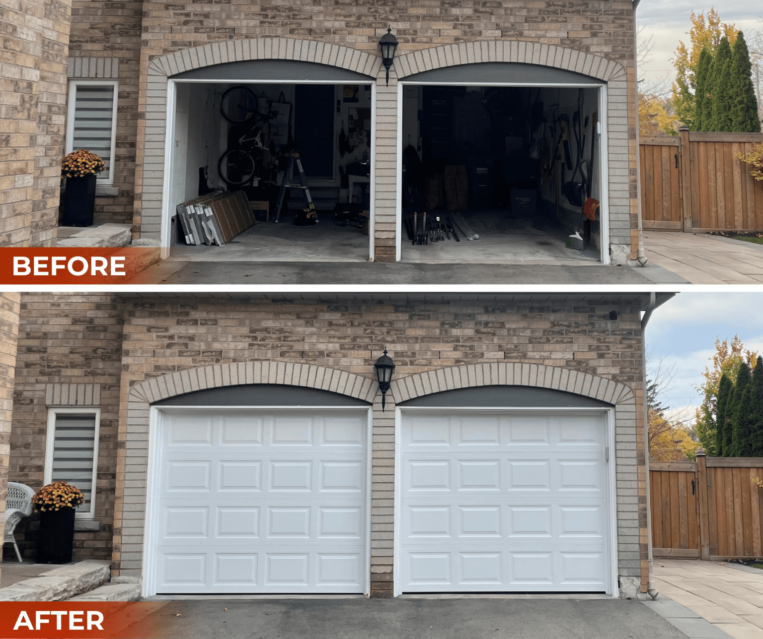 Before and after of traditional short raised panel garage doors in Etobicoke, installed by Penguin Garage Doors.