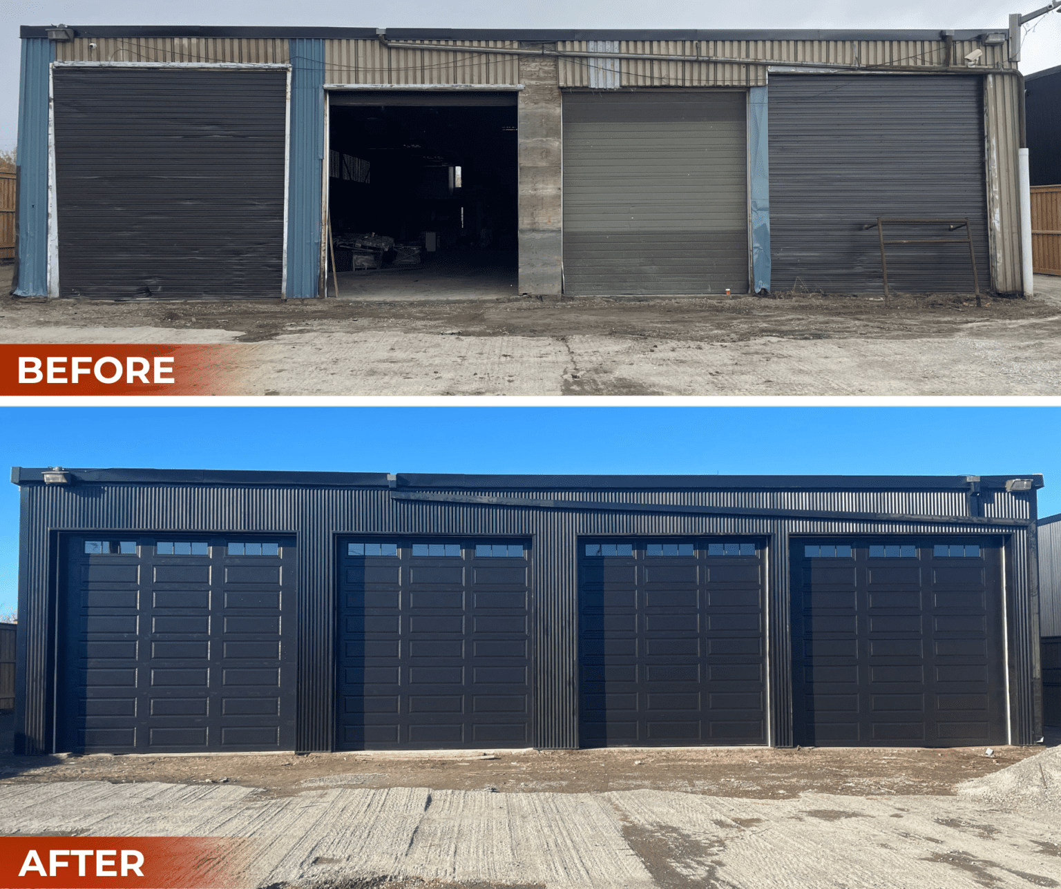 Before and after of black commercial garage doors in classic style with top-panel windows, installed by Penguin Garage Doors in Toronto.