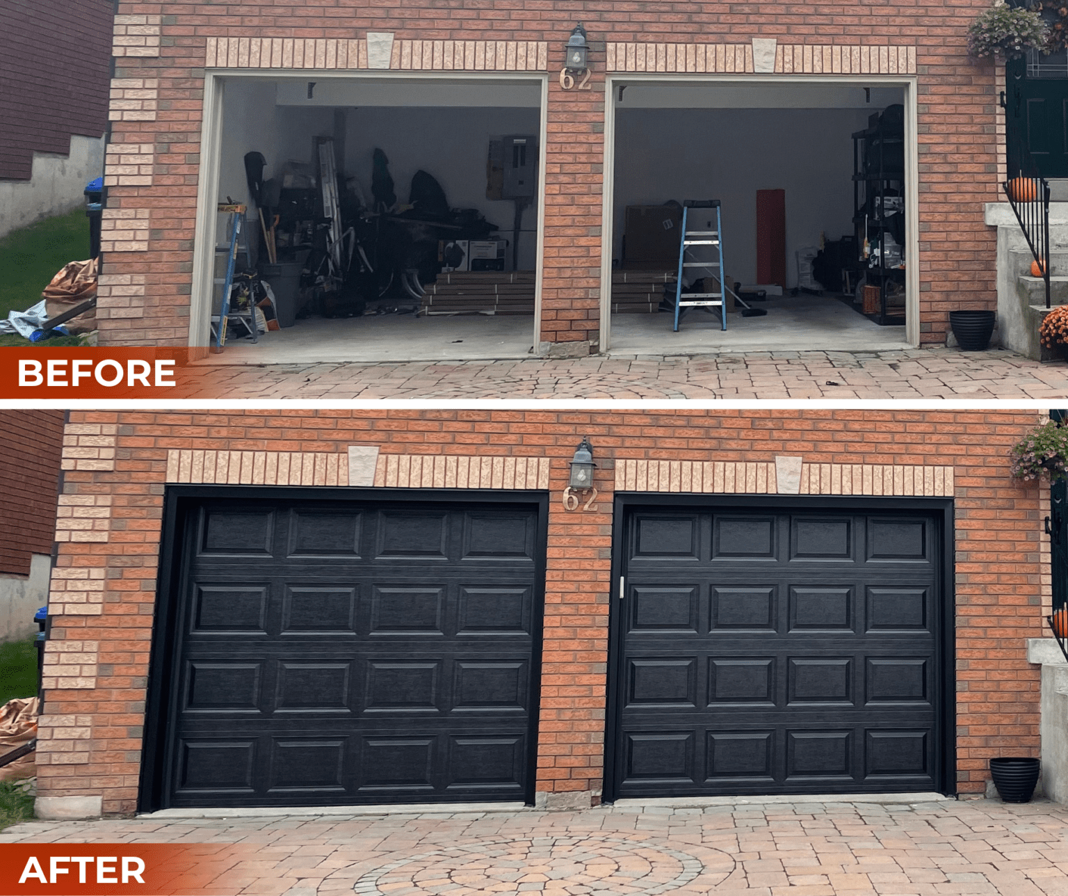 Before and after installation of a traditional short raised panel garage door in black by Penguin Garage Doors in Newmarket.