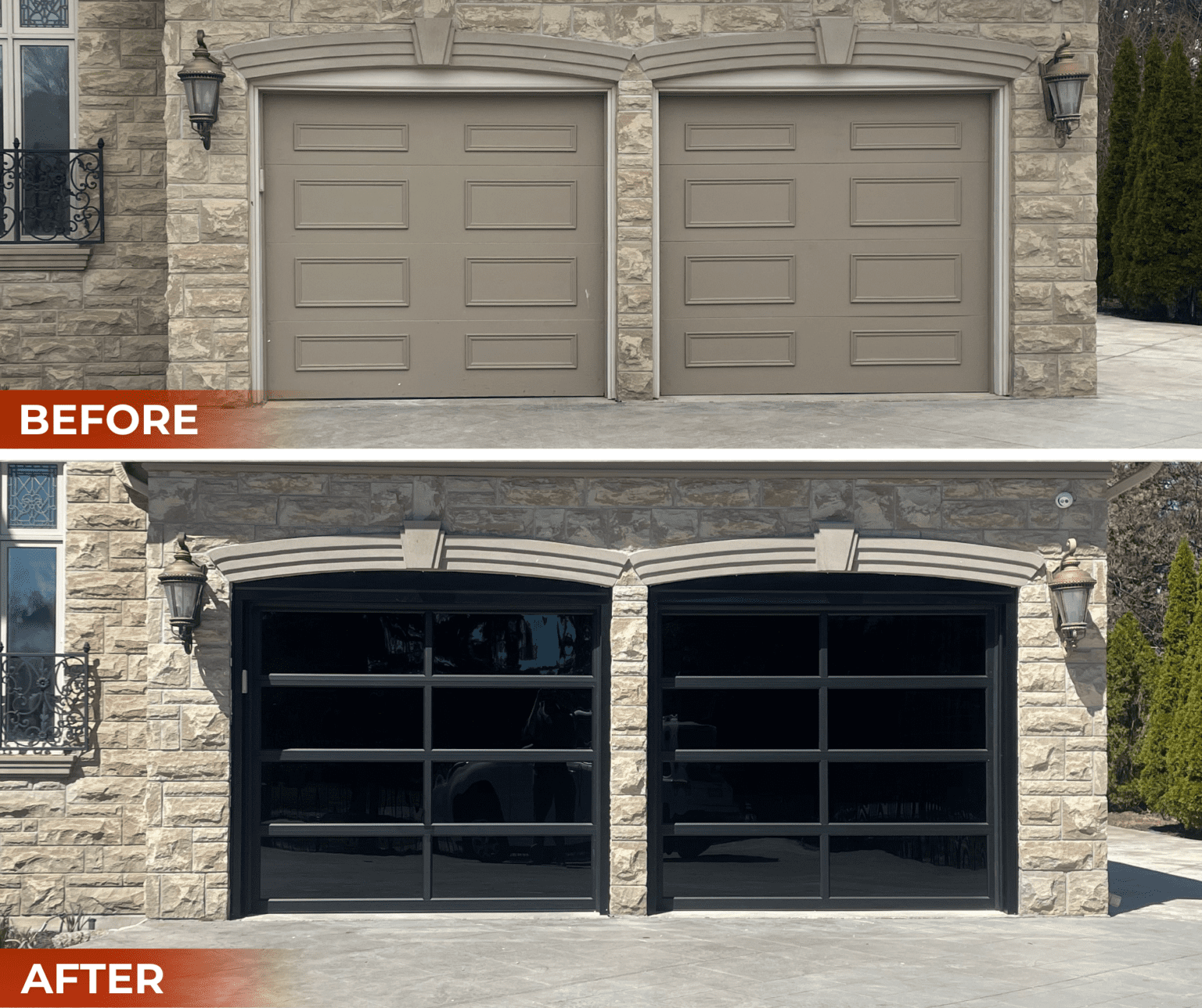 Modern upgrade: transformation from old garage door to sleek full view aluminum black garage door with tinted windows.