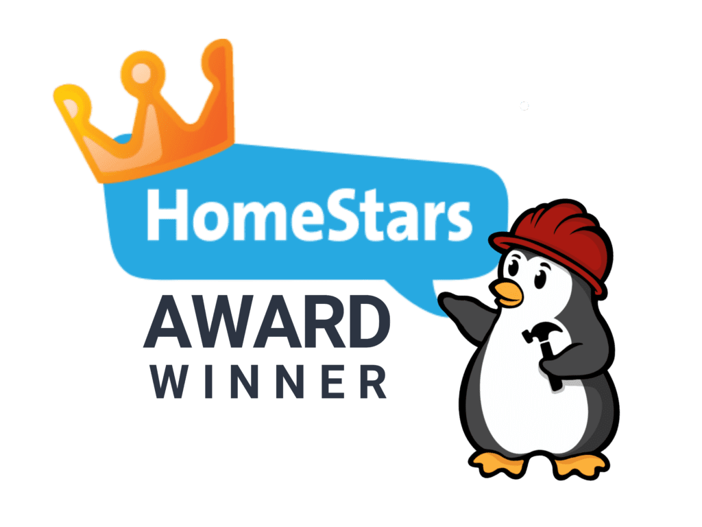 Penguin Garage Doors brand logo indicating HomeStars award winner status for garage door repairs and installations in GTA.