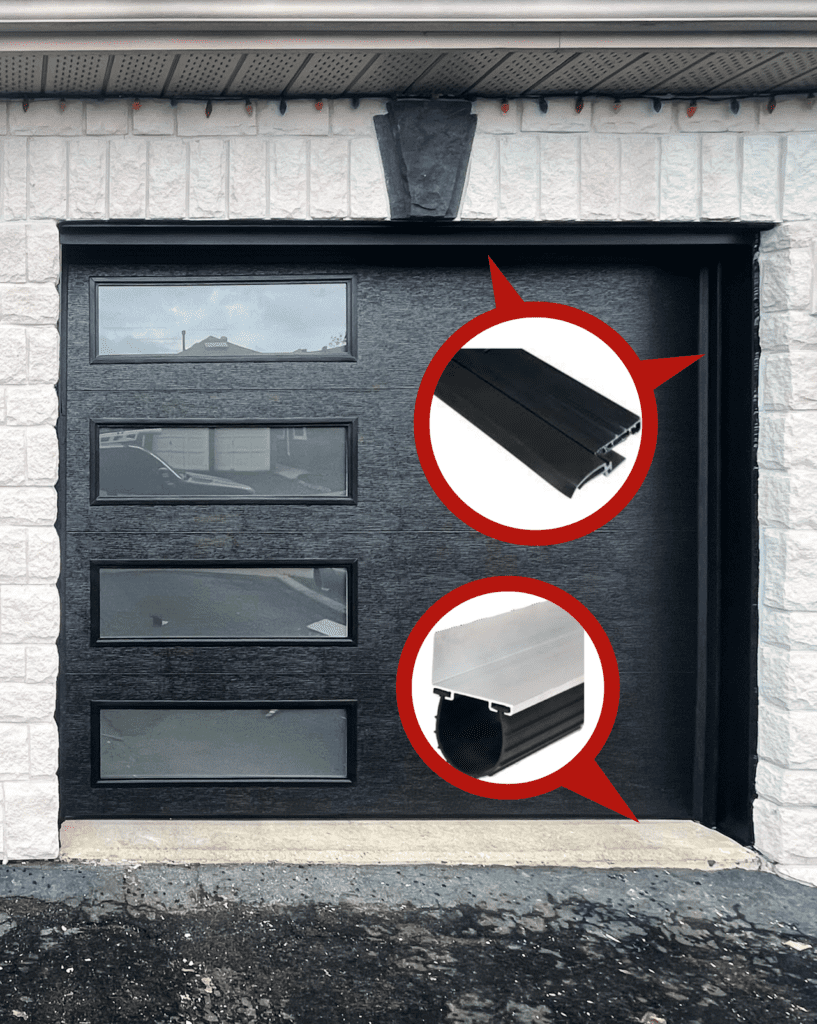 Diagram of a garage door highlighting the rubber weatherstripping around the frame and the bottom seal, provided by Penguin Garage Doors for garage door seal repair and replacement services.