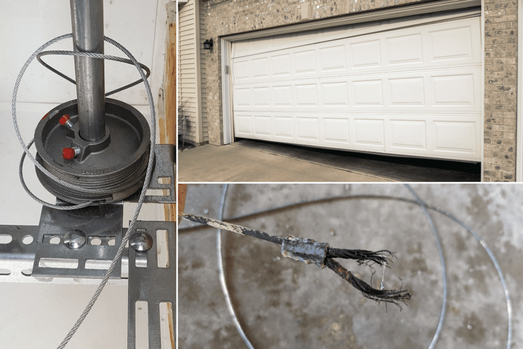 Collage showing signs a garage door cable needs repair, including a loose cable, uneven garage door, and a snapped cable. Garage door cable services in Vaughan by Penguin Garage Doors.