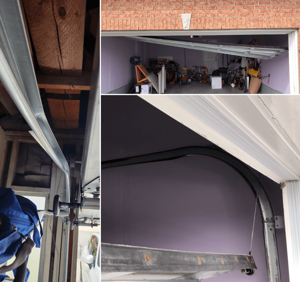 Collage showing garage door track issues, including a bent track preventing smooth operation and an off-track door with rollers fallen out, requiring garage door track repair and replacement in Vaughan by Penguin Garage Doors.