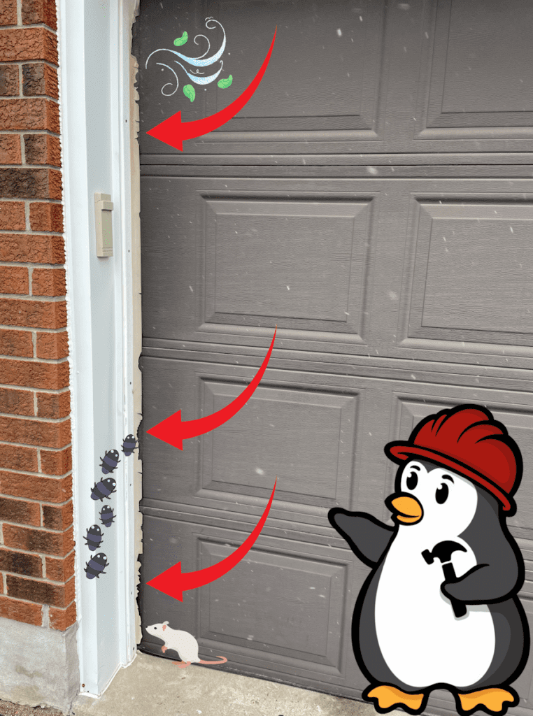 Garage door weatherstripping with visible gaps allowing wind, moisture, and pests to enter. Needs a full weather seal replacement by Penguin Garage Doors in Richmond Hill.