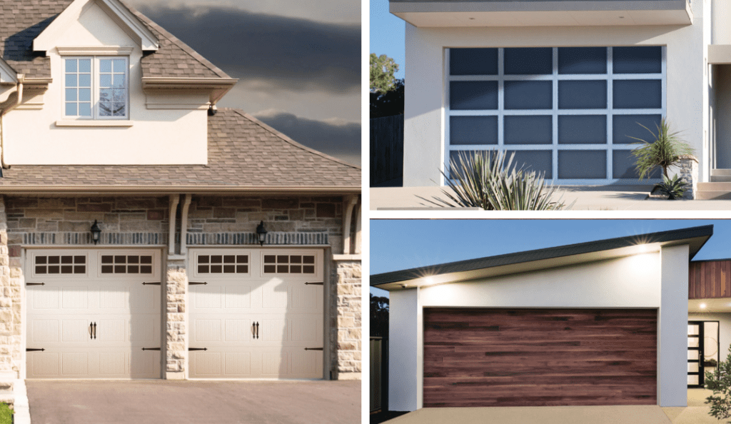 Front page of Penguin Garage Doors catalogue featuring three garage door styles: traditional grooved panel, flush panel, and full view aluminium panel for professional installation and home improvement options.