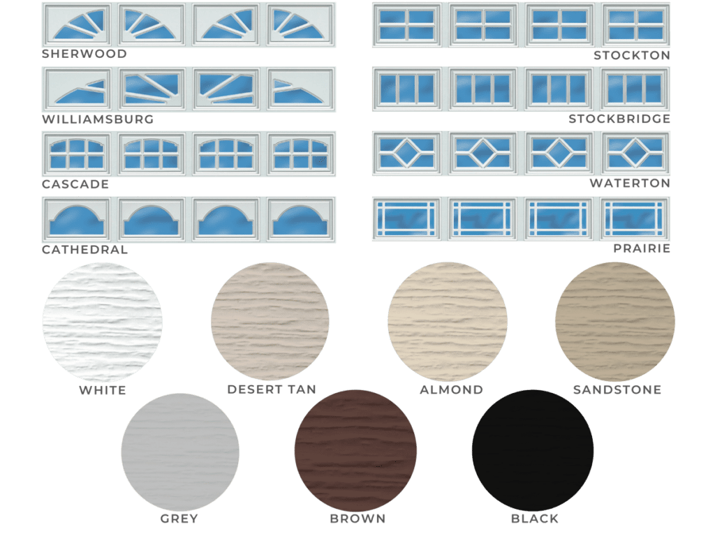Penguin Garage Doors showcasing a range of garage door window designs and garage door colour options for new garage door installations.