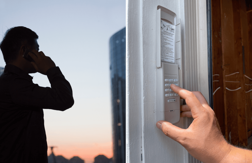 Client contacting Penguin Garage Doors for garage door troubleshooting, followed by garage door technician repairing the garage door keypad.