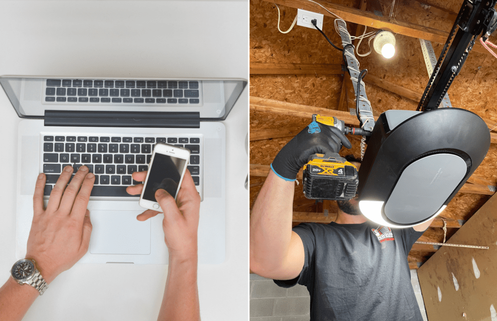 Client contacting Penguin Garage Doors by phone and email for service, followed by technician repairing a garage door opener.