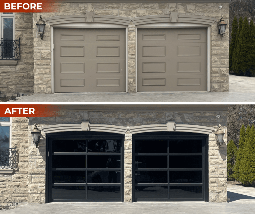 Penguin Garage Doors before and after installation of new full view garage door with double tinted glass panels for modern style and energy efficiency.